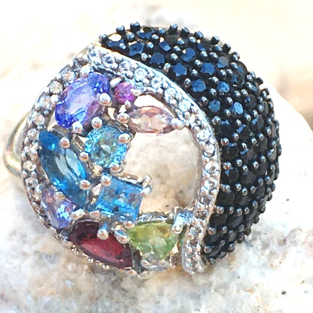 Genuine Gemstone Cocktail Ring 925 Silver Multigem